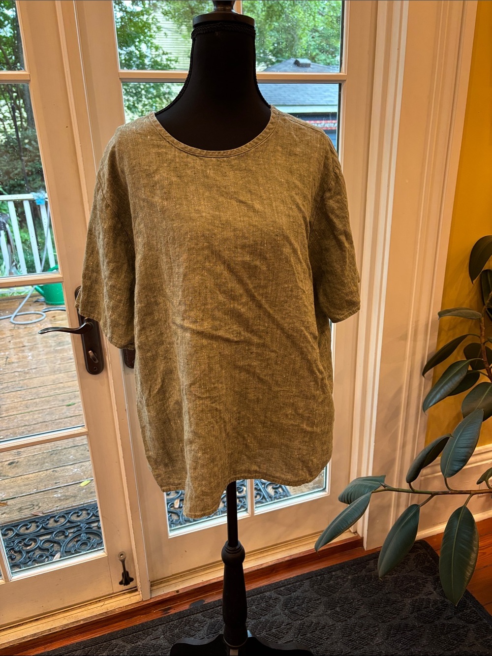 Flax Olive Green Linen Short-Sleeve Tunic Top